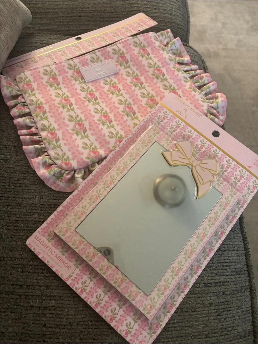 Love shack Fancy x Yoobi  Pink Floral Magnetic Mirror and Pouch Set